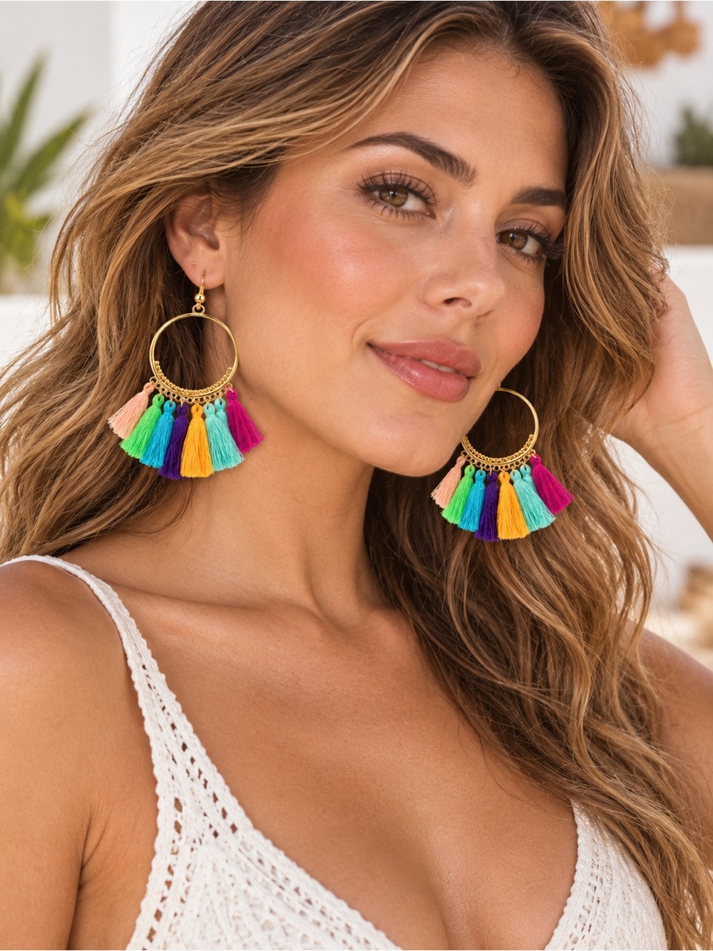 Gold Hoop Tassel Earrings in Multicolor • BRAND NEW